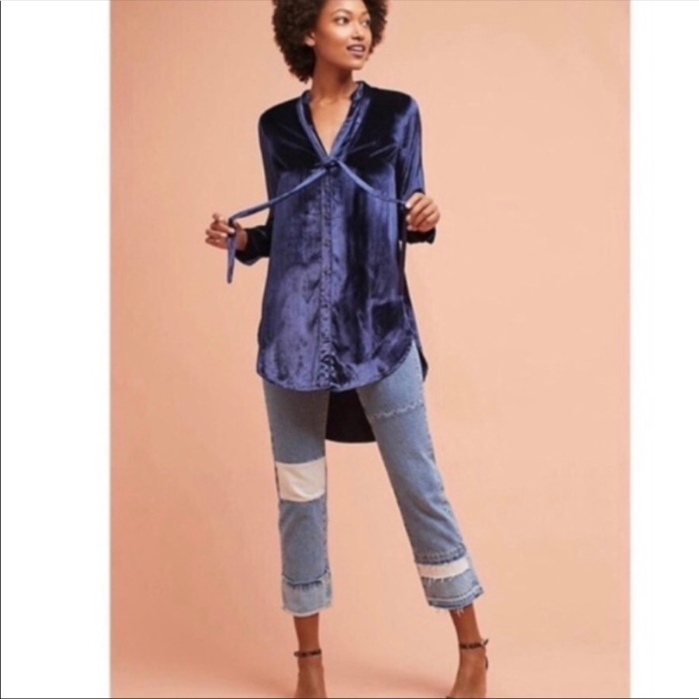 Anthropologie Maeve Velvet Tie-Neck Button-Down